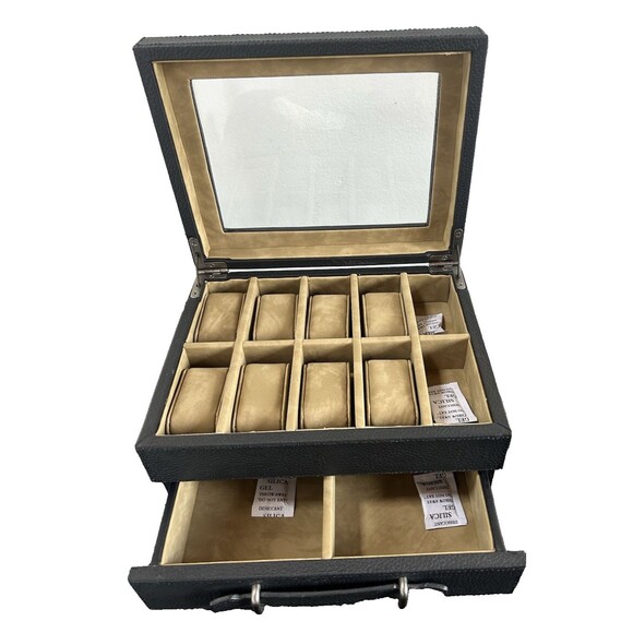 Fossil 10 Piece Watch Box Black w/ Storage Pull Out Drawer Jewelry Leather Trim - Picture 7 of 10